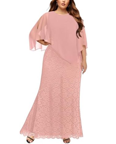 Pink Dress for Women Plus Size Blush Bridesmaid Formal Dusty Rose Lace Long Chiffon Cape Mother Gowns Mermaid Prom Dress