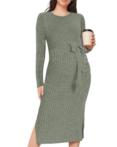 guruixu Crewneck Maternity Sweater Dress Rib Knit Long Sleeve Photoshoot Baby Shower Dresses Slit Pregnancy Sweater Clothes