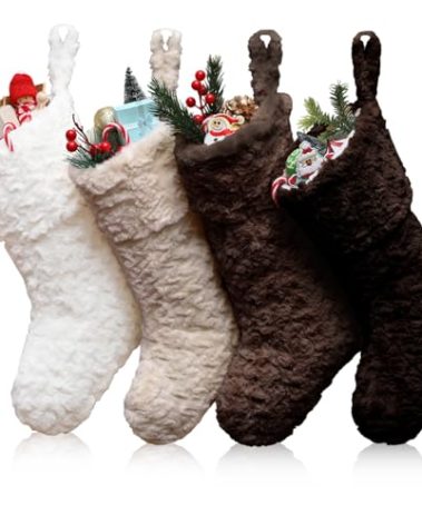 Jamntower 4 Pcs Neutral Personalized Christmas Stockings Bulk with Name Tags, Large Plush Rustic Farmhouse Xmas Stocking Decor for Fireplace Holiday Family(Dark Khaki Brown White Apricot,21 Inch)