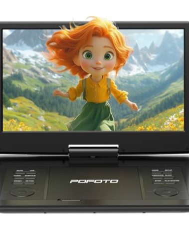 POFOTO 15.7" Portable DVD Player with 14.1" HD Swivel Screen, 6-Hour Rechargeable Battery, Dual Speakers, USB/SD/TV Sync, Supports Multiple Disc Formats, Black [Not Support Blu-Ray]