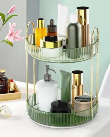 Kssvzz 360 Rotating Makeup Organizer for Vanity - Spinning Bathroom Organizer Countertop, Large Storage Cosmetic Display Tray, Make Up Counter Shelf for Perfumes, Skincare Lotions (2 Tiers, Green)