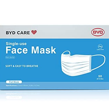 BYD CARE Single Use Disposable 3-Ply Face Mask, Daily protection for men and women for Home, Office, School, Restaurants, Gyms, Outdoor and Indoor, Box of 50 PCs