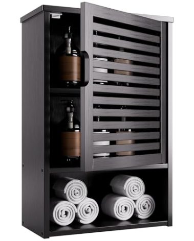 HITNET Bathroom Storage Cabinet Wall Mounted, Hanging Medicine Cabinet with Adjustable Shelf, Over The Toilet Space Saver Organizer, Black Bamboo Kitchen Cupboard, Single Door