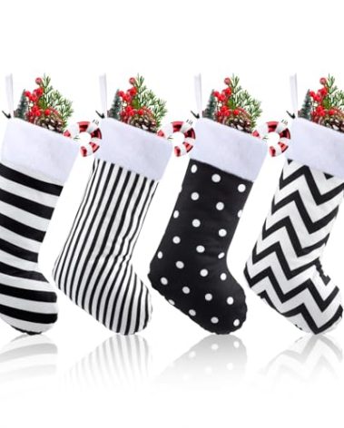 Realspring 4 Pcs Christmas Stockings Black and White Christmas Stockings with Plush Cuff Classic Fireplace Hanging Ornament Family Holiday Party Decoration(Stripes and Dots)