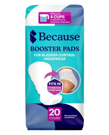 Because Overnight Incontinence Booster Pads for Men and Women, Adds 4 Cups Extra Absorbency to Adult Diapers, Super Soft, Adhesive Strip Backing, Unisex, 20 Count