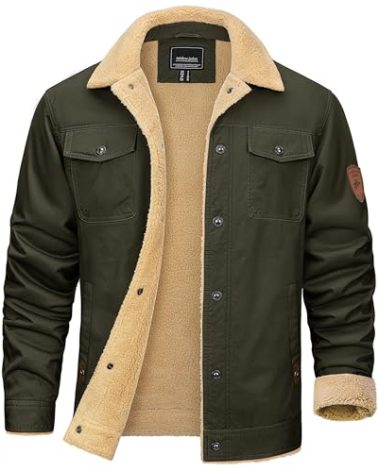 KEFITEVD Men Cargo Jacket Winter Cotton Jackets Winter Windproof Fleece Collared Warm Outdoor Work Coats Army Green XL
