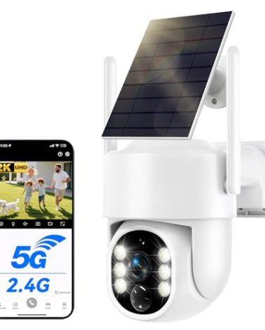 Solar Security Cameras Wireless Outdoor, 5G Solar Camera Outdoor Wireless, Battery Powered Wire-Free WiFi Cameras for Home Security, 360° PTZ, AI Human Detection, Color Night Vision, Work with Alexa