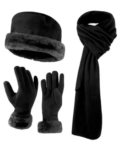 boxed-gifts Women's Warm Fleece Hat Scarf and Glove Matching Set - Fur Trim Gift Set