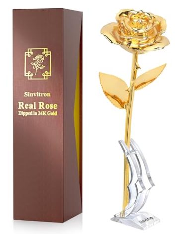 Sinvitron Gold Dipped Rose Real 24K Gold Rose, Hand Dipped One of a Kind Golden Roses, Romantic Gifts for Women on Birthday, Anniversary, Mother’s Day (Golden)