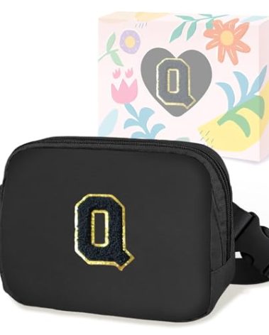 COSHAYSOO Valentines Birthday Initial Gifts for Teen Boys 5 6 7 8 9 10 11 12 13 14 Year Old Black Fanny Pack for Women Belt Bag Crossbody Travel Purse Monogrammed Unique Trendy Stuff Chenille Letter Q