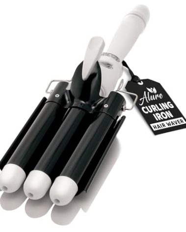 Alure Three Barrel Curling Iron Wand Hair Waver with LCD Temperature Display - 1 Inch Ceramic Tourmaline Triple Barrels, Dual Voltage Crimp (Black/White)