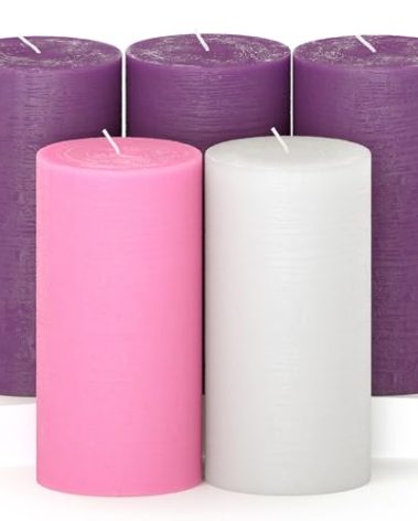CANDWAX 3x6 Inch Advent Pillar Candles Set of 5 - Long Burning Dripless Unscented Pillar Candles - Rustic Style for Advent Wreaths, Christmas Décor - 3 Purple, 1 Pink and 1 White Pillars