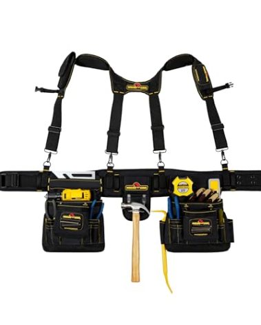 MagnoGrip 20-Pocket Builder’s Tool Rig with Magnetic Storage—Heavy-Duty 1680D Polyester Tool Belt with Padded Suspenders, Rivet Reinforced Stress Points, and Smartphone Holder, Fits Up to 52” Waist.