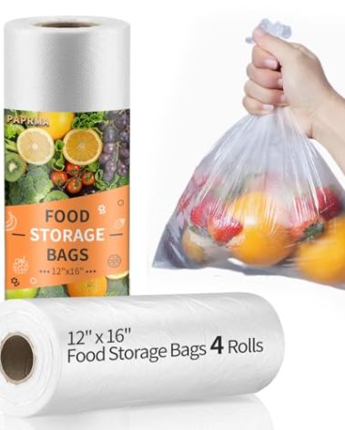 PAPRMA 12” x 16” Food Storage Bags Plastic Produce Bags, Disposable Clear Bags 4 Rolls, 350pcs on a Roll