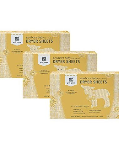 Grab Green Newborn Baby Dryer Sheets, 120 Sheets, Chamomile Scent, Plant and Mineral Based, Compostable, Softens Clothing and Linens, Reduces Static Cling