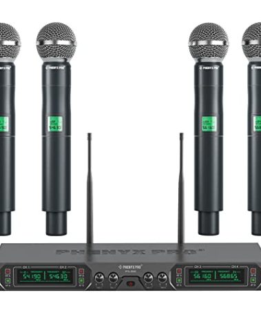Phenyx Pro Wireless Microphone System, 4-Channel UHF Wireless Mic, Fixed Frequency Metal Cordless Mic with 4 Handheld Dynamic Microphones, 260ft Range, Mics for Singing, Church(PTU-5000-4H)