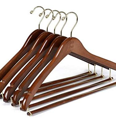 10 Quality Hangers Curved Wooden Hangers Beautiful Sturdy Suit Coat Hangers with Locking Bar Gold Hooks Walnut Finish (10)
