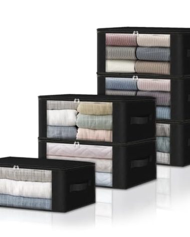 HomeHacks 6-Pack Clothes Organizer Storage Bags Foldable Storage Box with Large Clear Window Sturdy Handles for Closet, Dorm, Pillows, Bedding, Clothes, Stuffed Toys, Blankets, 35L, Black