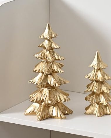FESTGLOX Gold Christmas Tree Figurines, Small Resin Christmas Trees Home Decor, Tabletop Tree Set of 2, Decorative Xmas Trees for Christmas Decorations Indoor Mantle Centerpieces