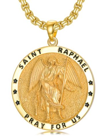 Seiyang Gold Plated Saint Raphael Necklace 925 Sterling Silver Archangel Raphael Medal Pendant St Raphael Medallion Jewelry Guardian Archangel Raphael Amulet Gift for Men Women