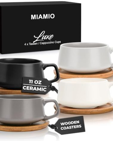 MIAMIO – 11 Oz., Set of 4 Ceramic Tea Cup and Saucer Bamboo/Tea Mug - Wide Cappuccino Cup, Coffee Cups Ceramic Mug for Cappuccino, Latte, Espresso & Americano - Luxe Collection (Classic Pastel)