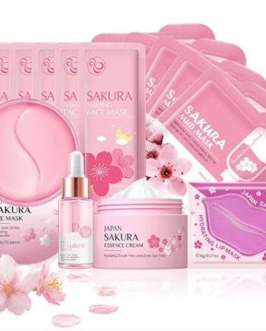 Sakura Skin Care Set, Skin Care For Teens 10-12, Travel Essentials Skincare Gift Set For Women - Cream, Serum, Eye Mask, Lip Mask, 5 Sleeping Mask, 5 Mud Mask, Hydrating Teen Skincare Kit