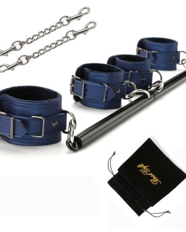Spreader Bar Expandable Exercise Black Metal Spreader Bar with 4 pcs Blue Plush Adjustable Leather Straps, Yoga Training Fitness Gear, Workout Bar,Gym Kit