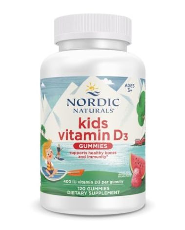Nordic Naturals Vitamin D3 Gummies Kids, Wild Watermelon Splash - 120 Gummies - 400 IU Vitamin D3 - Bone Health, Healthy Immunity - Non-GMO, Vegetarian - 120 Servings