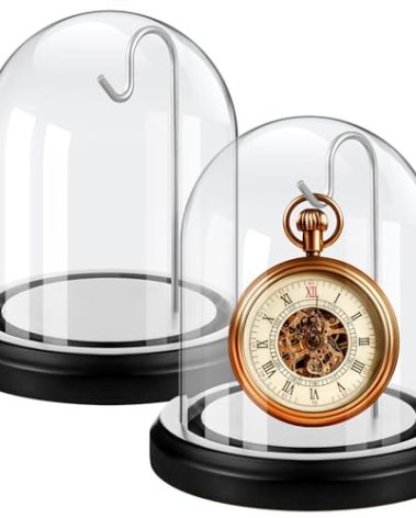 Beeveer 2 Pcs Pocket Watch Glass Display with Hooks Dome Cloche with Wood Base Christmas Decorative Showcase for Watch Plants Medals Photos Collectibles(Black,3" X 4",Dome Style)