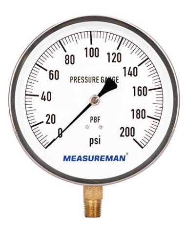 MEASUREMAN 304 Stainless Steel Case, Contractor Pressure Gauge, 0-200Psi, 4-1/2" Dial Size, +/-1% Accuracy, 1/4" NPT Lower Mount