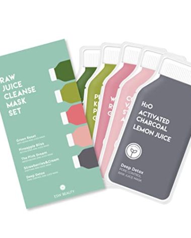 ESW Beauty Raw Juice Face Masks - 5-Pack Skincare Set - Hydrating, Anti-Aging, Moisture Repair, Pore Control, Soothing & Revitalizing with Watermelon, Kale & Charcoal