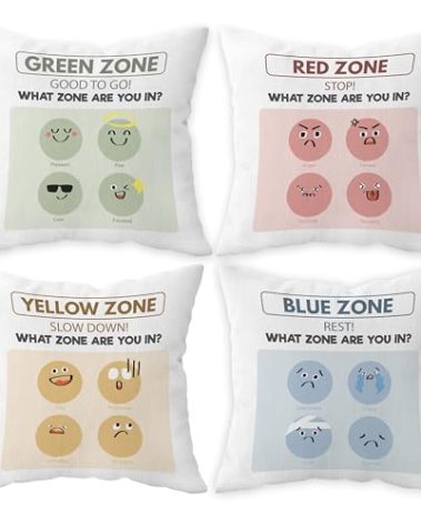FLDAS Zones of Regulation Pillow Covers 18x18 Set of 4, Mental Health Office Decor, Calming Corner School Counseling Therapy Office Decor,Kids Emotions Feelings Pillows Decorative Throw Pillows Cover