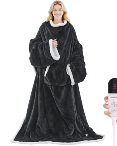 Heated Blanket Wearable Electric Blanket with Foot Pocket and Sleeves, Heating Throw Blanket, Electric Snuggle Blankets, 6 Heating Levels Setting & 4 Hours Auto Shut Off, Machine Washable (Long, Grey)