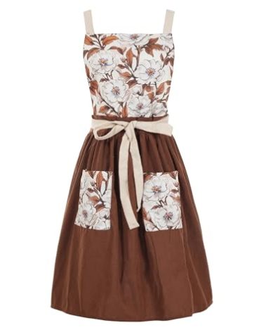 Pinknoke Vintage Pinafore Apron Dress for Women with Pockets Cute Floral Chef Aprons for Kitchen Cooking Baking Gardening (Brown)