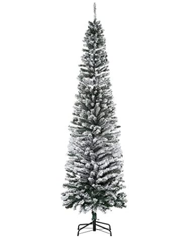 HOMOM 7.5ft Flocked Christmas Tree, Pencil Artificial Xmas Tree with Faux Snow, Dense Branches, Foldable Metal Base for Indoor Holiday Decor