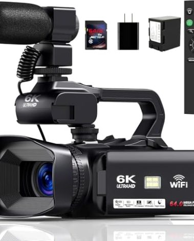 OPRKQEE 6K Camcorder Video Camera 64MP IR Night Vision Vlogging Camera for YouTube 18X Digital Zoom 4.0 Inch Touch Screen Video Camera with WiFi, Microphone, Remote Control, 64GB SD Card,Stabilizer