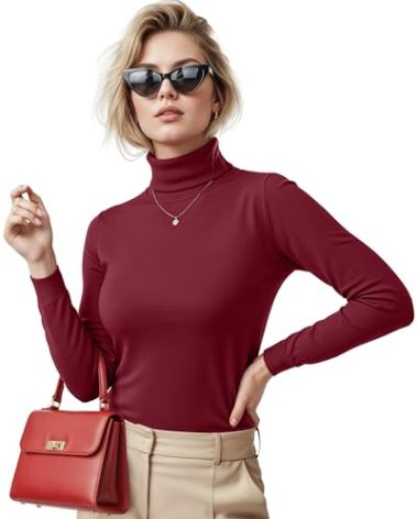 NY Threads Women's Turtleneck Long Sleeve Shirt Slim Fit Thermal Base Layer Tops 1 Pack, Large, Red