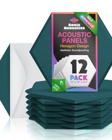 Self-Adhesive Acoustic Panels, 12 Pack Hexagon Sound Proof Foam Panels for Walls, High Density Noise Dampening Panels, 14"x 12"x 0.4" Sound Absorbing Panel for Home Studio Office-Dark Green