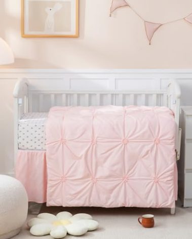 PINNKKU 3-Piece Crib Bedding Set for Boy Girls, Includes Skirt, Blanket and Sheet, Baby Bedding, Pintuck Pinch Pleat Pink