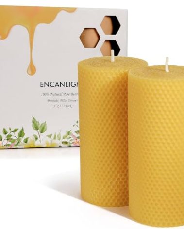 Pure 3x6 Inch Natural Bees Candles Hand Rolled Candle 2 Pack,Honeycomb Candles Pillar Candle 30 Hours Long Burning,Dripless and Smokeless for Home Decor Party Dinner Gifts