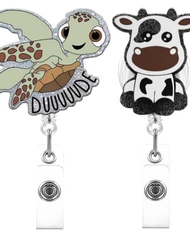 2 Pieces of Cute Badge Reel,Cow Badge Reels Nursing,Funny Turtle Badge Reel,Retractable,Suitable for Nurses,Doctors,Medical Workers,Nursing Teachers,Students