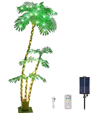 7FT Palm Trees for Outside Patio, Christmas Palm Trees Decor, Waterproof＆Windproof Solar Light Up Tree, Artificial Lighted Palm Tree Party Decorations for Outside Indoor Patio Decor
