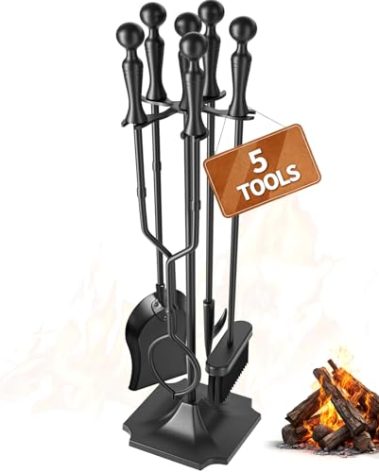 AMAGABELI Garden & Home 5 Pcs Fireplace Tools Set 31 Inch Indoor Black Handle Wrought Iron Large Fire Tool Accessories Set Holder Outdoor Fireset Modern Fire Pit Stand with Poker Brush Shovel Tong