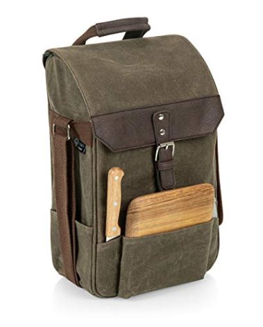 PICNIC TIME 2 Bottle Insulated Wine Bag with Cheese Board and Knife Set - Wine Picnic Bag - Distressed Waxed Canvas Wine Tote, (Khaki Green with Brown Accents)
