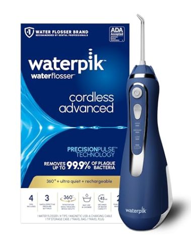 Waterpik Cordless Advanced 2.0 Water Flosser For Teeth, Gums, Braces, Dental Care With Travel Bag and 4 Tips, ADA Accepted, Rechargeable, Portable, and Waterproof, Blue WP-583, Packaging May Vary