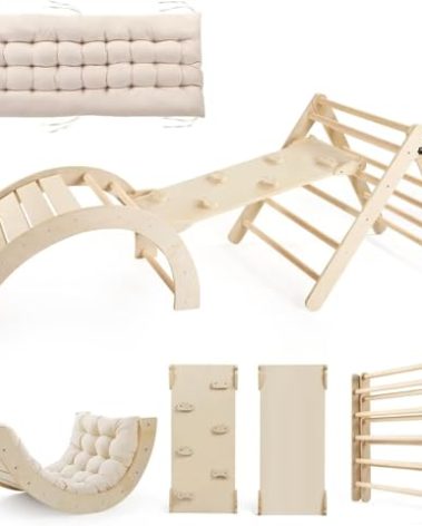 Yopnoyik Pikler Triangle Set with Cushion Large, 5 in 1 Toddler Climbing Toys Indoor, Montessori Foldable Climbing Set for Kids, Wooden Playground Jungle Gym with Ramp, Arch and Ladder (Wooden Color)