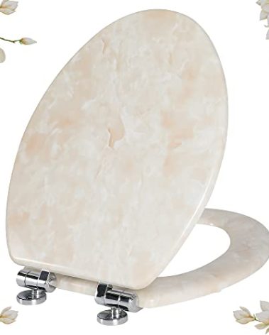 Angel Shield Marble Toilet Seat Durable Molded Wood with Quiet Close, Easy Clean, Quick-Release Hinges(Elongated, Beige Marble)