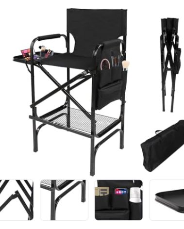 Folding Makeup Chair with Folding Tabletop Storage Bags for Makeup Artists to Keep Makeup Cases and Brushes, Tall Directors Chair, Oversized Portable Camping Chair for Outside Knee Protection