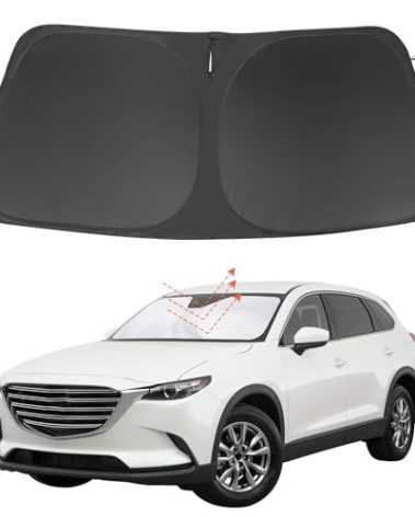TINGLU Sun Shade for Mazda CX-9 CX9 2016-2024 2025 Accessories Windshield Sun Shade Window Shade UV Rays Protection Sun Visor Cover with Steering Wheel Sunshade Storage Bag