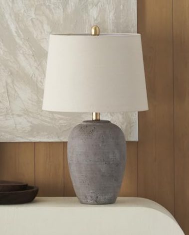 Nourison Home 23" Greyish Brown Earth Tone Rustic Farmhouse Ceramic Table Lamp for Bedroom, Living Room, Dining, Office, with Beige Linen Shade